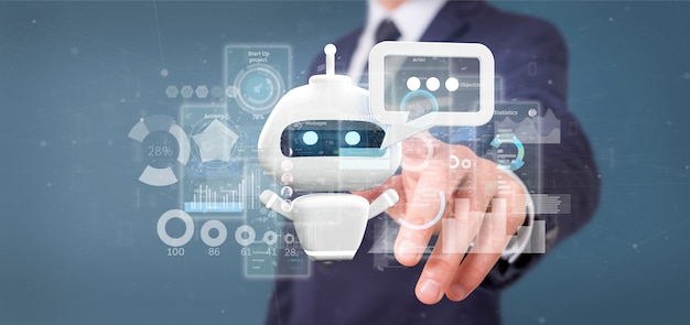 Homme d'affaires tenant Chatbot avec code binaire, message et données, rendu 3d