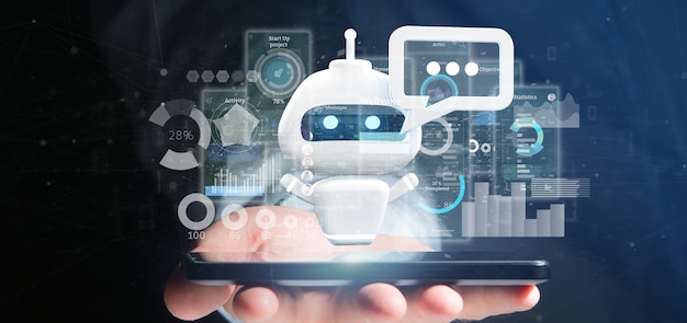 Homme d'affaires tenant Chatbot avec code binaire, message et données