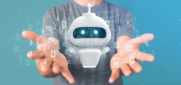 Homme d'affaires tenant Chatbot avec code binaire