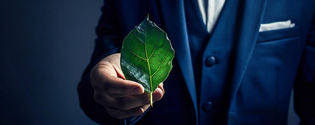 Photo un homme d'affaires tenant une feuille verte avec sa main