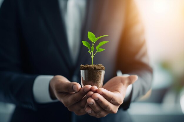 Homme d'affaires tenant une petite plante dans un pot Concept de nouvelle vie