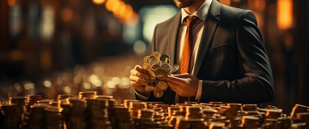 Un homme d'affaires tenant des pièces d'or.