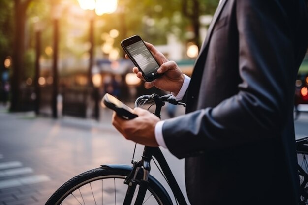homme d'affaires tenant un smartphone utilisant une application de téléphone numérique de location de vélos scannant le code QR pour louer un vélo électrique en ville