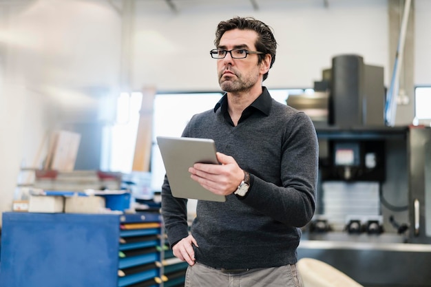 Homme d'affaires tenant une tablette dans une usine