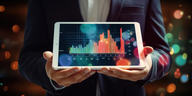 Homme d'affaires tenant une tablette et montrant un hologramme virtuel croissant de statistiques. Graphique et graphique. Croissance de l'entreprise. Plan et concept de stratégie.