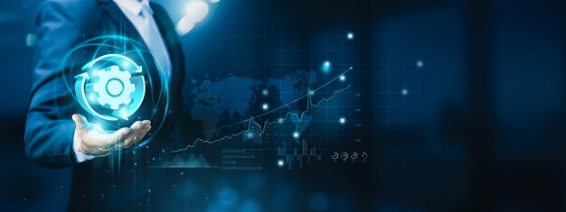 Homme d'affaires tenant la technologie d'innovation d'automatisation et les icônes d'efficacité
