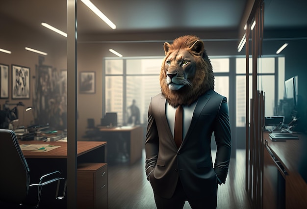 Photo homme d'affaires avec tête de lion dans un bureau generative ai