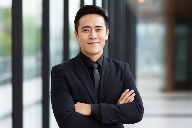 Homme d'affaires thaïlandais confiant souriant professionnel en vêtements d'affaires noirs Portrait d'entreprise moderne