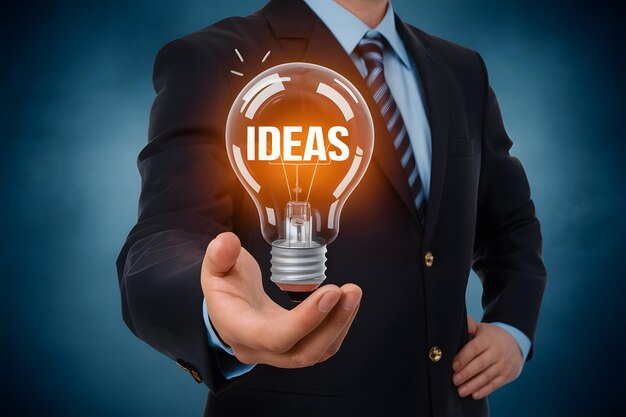 Photo un homme d'affaires tient une ampoule indiquant de nouvelles idées illustration 3d