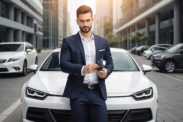 Un homme d'affaires tient la clé de la voiture blanche