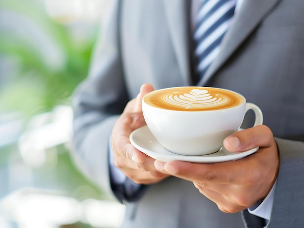 Un homme d'affaires tient une tasse blanche de latte avec de l'art latte