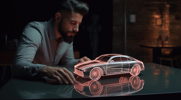 Photo un homme d'affaires touchant un modèle de voiture automobile moderne sur une table generative ai aig21