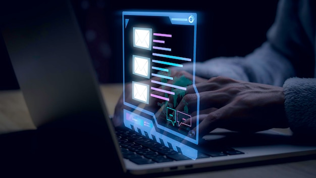 Homme d'affaires touchant un ordinateur portable avec un e-mail ouvert recevant des alertes d'actualités par e-mail professionnel Publicité par envoi et messagerie client en ligne technologie numérique vente directe rappel commercialx9