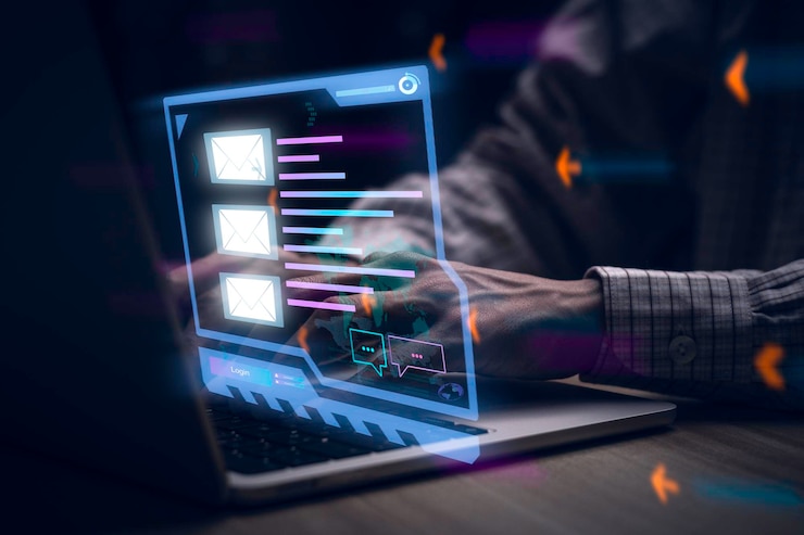 Photo homme d'affaires touchant un ordinateur portable avec un e-mail ouvert recevant des alertes d'actualités par e-mail professionnel publicité par envoi et messagerie client en ligne technologie numérique vente directe rappel commercialx9