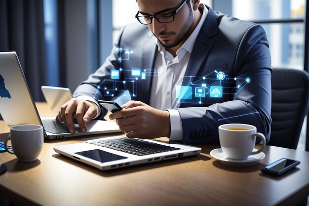 Un homme d'affaires travaillant avec des appareils modernes, un ordinateur numérique et un téléphone, utilise une technologie innovante