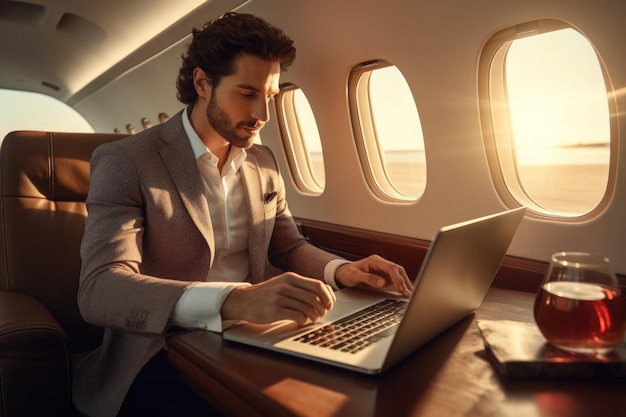 Homme d'affaires travaillant à bord d'un avion à l'aide d'un ordinateur portable Generative AI