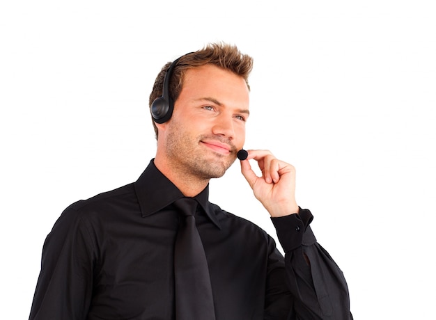 Homme d&#39;affaires travaillant avec un casque sur