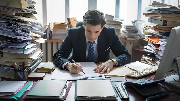 Homme d'affaires travaillant dans des piles de papier pour la recherche d'informations sur le bureau de travail