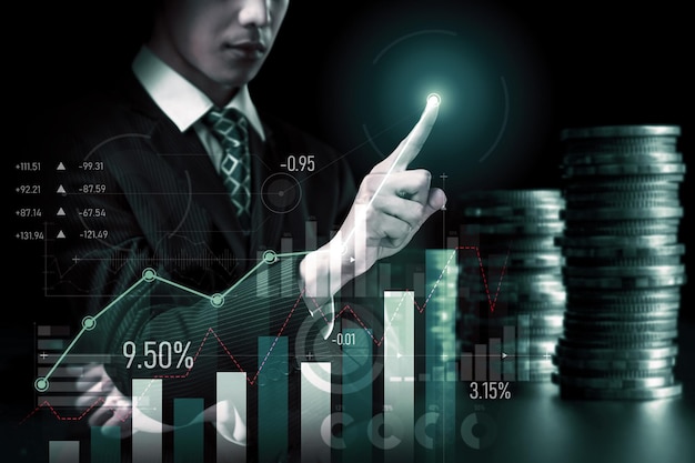 Homme d'affaires travaillant avec la finance numérique graphique d'affaires de la technologie perceptive
