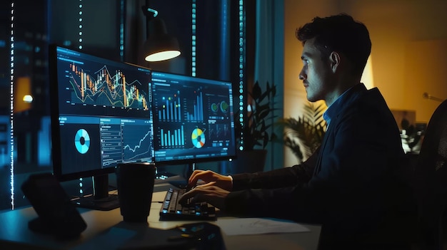 Homme d'affaires travaillant sur ordinateur analysant des graphiques et des diagrammes de données commerciales dans un bureau moderne