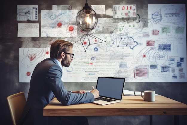 Homme d'affaires travaillant sur un ordinateur portable au bureau au bureau Concept d'entreprise homme d'affaires travaillant avec de nouveaux documents informatiques et de stratégie d'entreprise modernes en tant que concept généré par l'IA