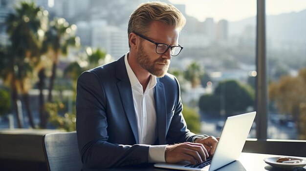 Homme d'affaires travaillant avec un ordinateur portable au bureau Homme d'affaires assis au bureau travaillant sur un ordinateur portable Photo de haute qualité