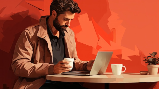 Homme d'affaires travaillant sur un ordinateur portable et buvant du café IA générative