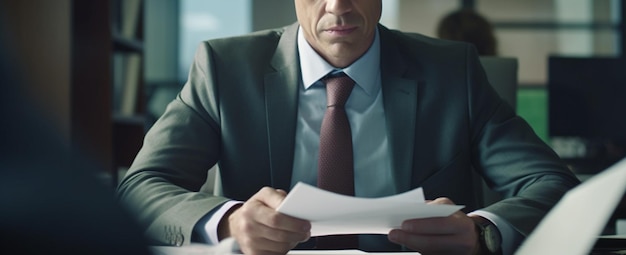 Homme d'affaires travaillant sur un ordinateur portable dans un bureau moderne Homme en costume et cravate assis à son bureau et travaillant avec des documents Concept d'entreprise