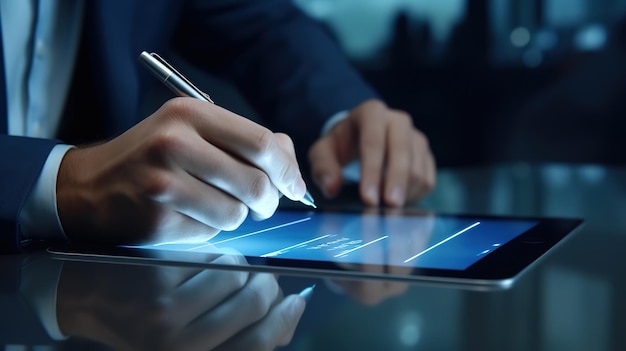 Homme d'affaires travaillant sur un ordinateur portable naviguant sur Internet et prenant des notes sur un cahier papier au bureau à domicile AI générative