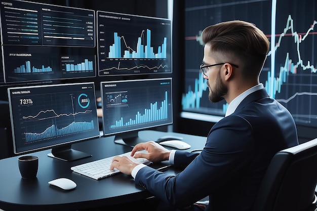 Homme d'affaires travaillant avec un tableau de bord virtuel d'ordinateur moderne analysant les données de ventes financières économiques