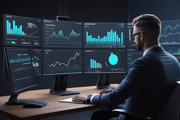 Homme d'affaires travaillant avec un tableau de bord virtuel d'ordinateur moderne analysant les données de ventes financières économiques