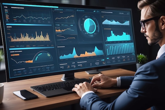 Homme d'affaires travaillant avec un tableau de bord virtuel d'ordinateur moderne analysant les données de ventes financières économiques