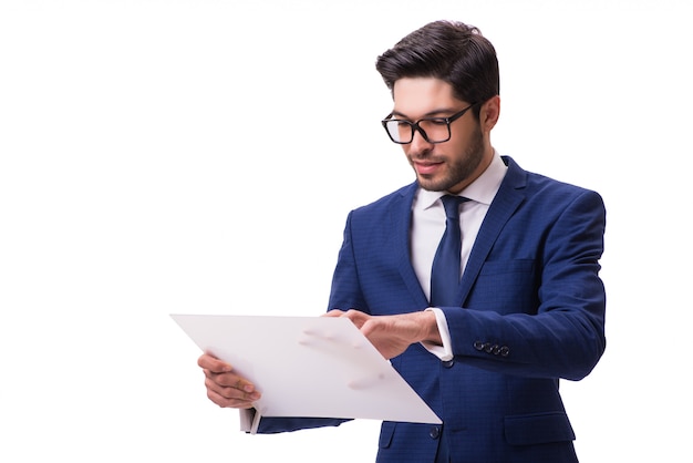 Homme d'affaires travaillant sur une tablette isolée