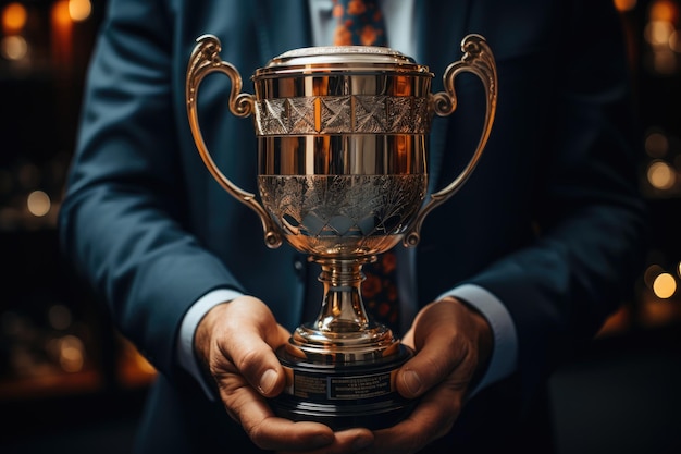 Un homme d'affaires triomphant berce une belle coupe trophée un symbole de succès et de réussite rayonnant d'élégance et de prestige dans les paumes de l'accomplissement