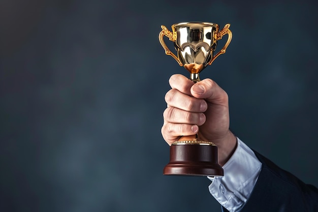 Un homme d'affaires avec un trophée à la main.