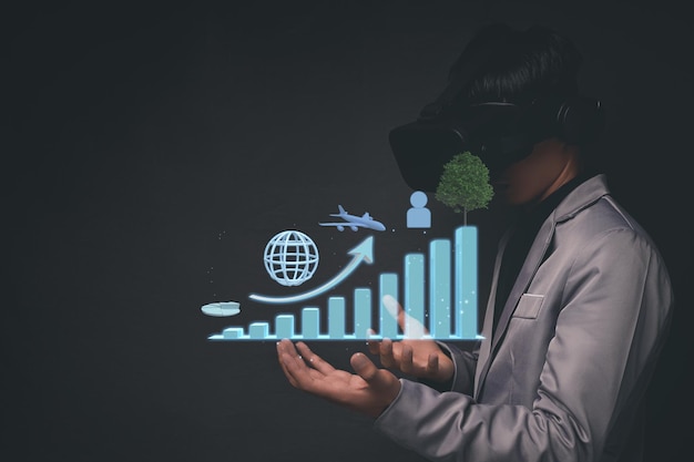 Homme d'affaires utilisant des lunettes de réalité virtuelle Metaverse au monde virtuel montrant la croissance de l'entreprise graphique à barres