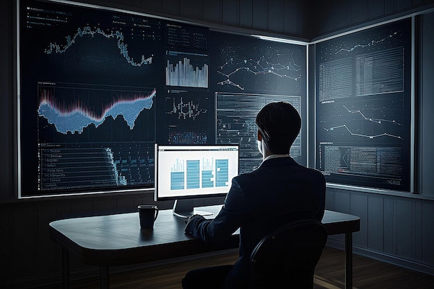 Homme d'affaires utilisant un ordinateur avec analyse de croissance graphique sur écran virtuel Concept d'entreprise IA générative
