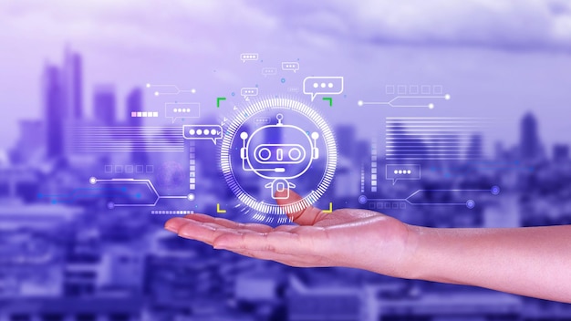 Homme d'affaires utilisant pour l'application de chatbot numérique robot assistant de conversation AI concept d'intelligence artificielle chatbot numérique sur écran virtuel