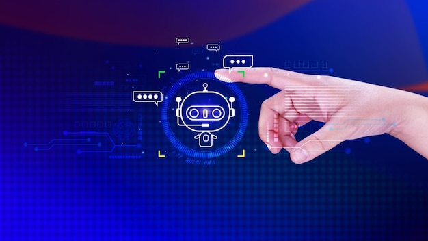 Homme d'affaires utilisant pour l'application de chatbot numérique robot assistant de conversation AI concept d'intelligence artificielle chatbot numérique sur écran virtuel
