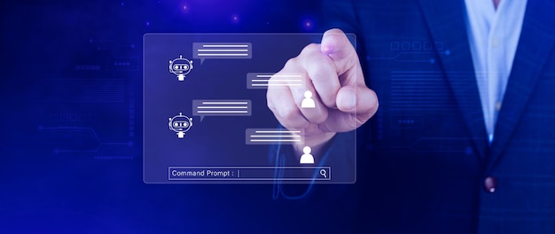 Homme d'affaires utilisant pour chatbot numérique application robot assistant de conversation AI concept d'intelligence artificielle chatbot numérique sur écran virtuel assistants virtuels sur internet
