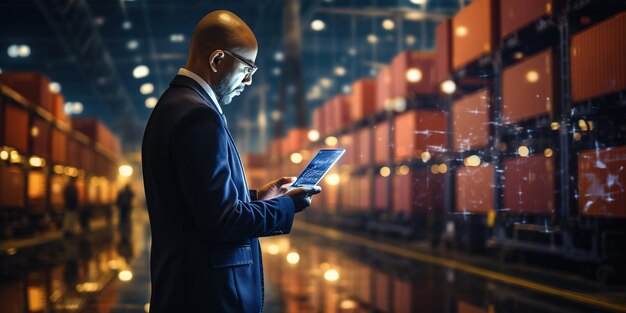 Homme d'affaires utilisant une tablette sur le réseau logistique de distribution et de transport et de mise en réseau intelligents logistique des camions et des trains conteneurs navire de fret logistique importation exportation et industrie