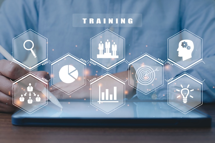 Photo homme d'affaires utilisant un taplet pour former le webinaire sur les compétences d'apprentissage en ligne business internet concept.