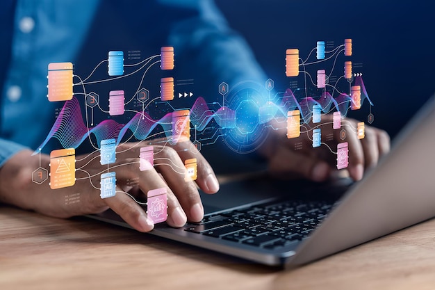 Homme d'affaires utilisant la technologie AI chat bot avec l'intelligence artificielle génère un robot de technologie futuriste dans le système en ligne Business à l'avenir pour investir et développer le concept d'entreprise