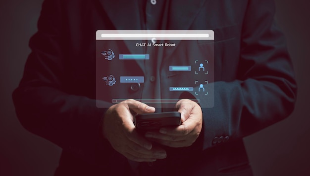 L'homme d'affaires utilise un écran virtuel pour interagir avec le chat bot AI par téléphone l'intelligence artificielle chat avec le concept AI Chat service d'assistant AI utiliser le téléphone ou l'ordinateur via Internet Solution Chat