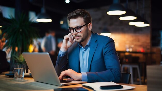 Un homme d'affaires utilise un ordinateur portable pour communiquer en ligne via un Wi-Fi haute vitesse. Il fonctionne via une connexion sans fil.