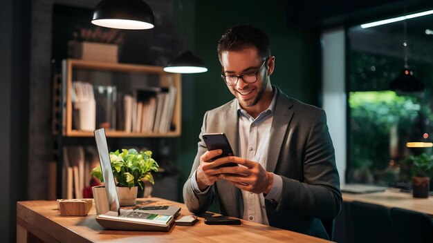 Photo un homme d'affaires utilise un smartphone pour scanner un code à barres en se connectant à internet depuis le signal 5g jusqu'à l'acc