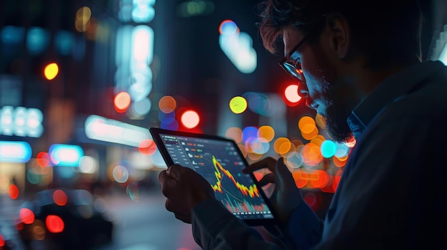 Un homme d'affaires vérifie le marché boursier sur sa tablette.