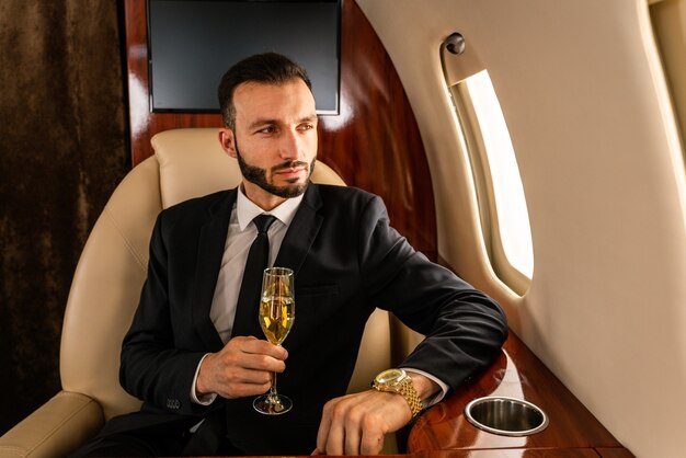 Homme affaires, voler, sur, jet privé