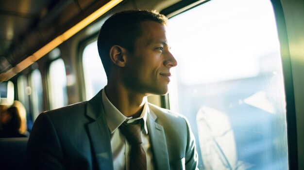 Un homme d'affaires voyage en regardant par la fenêtre.