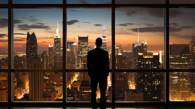 Homme d'affaires en vue arrière dans un bureau moderne avec une grande fenêtre regardant le paysage urbain avec la lumière du soleil dans le paysage citadin AI générative pittoresque